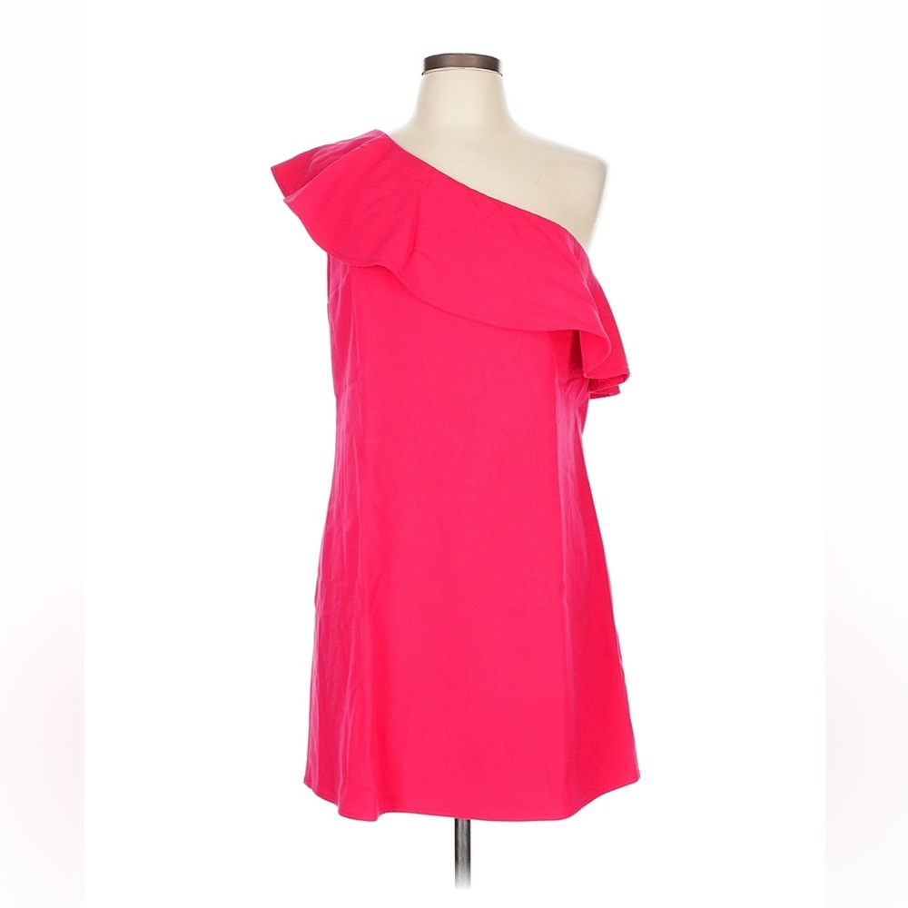 French Connection one shoulder, ruffle accents, pink cocktail dress. Size 8